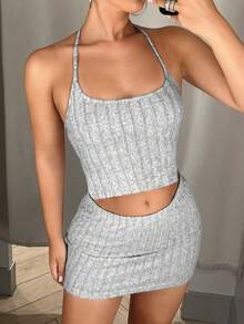 SHEIN ICON Women's Summer Halter Backless Tied Up Vest And Low Waist Mini Skirt Set - Light Grey - View 4