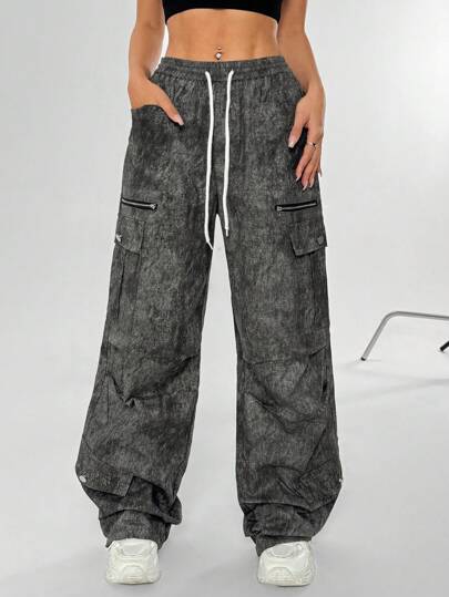 SHEIN X  Ignacia Antonia StreetHx Women's American Style Cargo Pants, High Waist Wide Leg Loose Casual Quick Dry Sports Pants, Summer , Baggy Pants Fall Cloth For Women