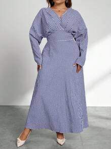 SHEIN Privé Đầm công sở thanh lịch cỡ lớn sang trọng tinh tế cao cấp tiệc trà chiều buổi hòa nhạc hơi gợi cảm cổ chữ v eo xếp ly thon gọn tay dài dáng chữ a bó eo cao co giãn thoải mái dài kẻ sọc xanh trắng phong cách trường học cổ điển - Xanh và trắng - Xem 6