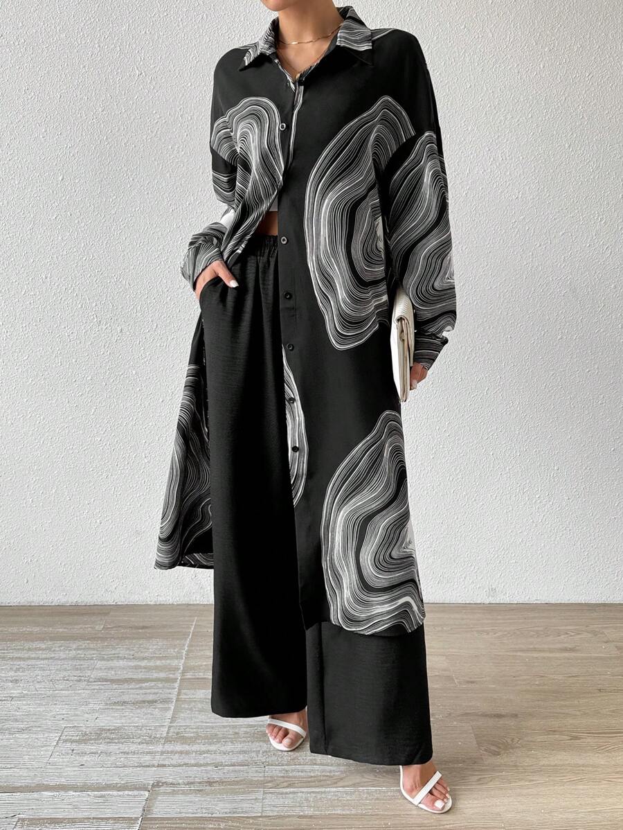 SHEIN LUNE Bộ áo sơ mi dài tay và quần dài thường ngày cho nữ (Áo in, quần trơn), mùa thu - màu đen - Xem 1