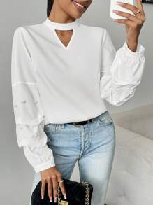 Chiquease Blusa holgada con decoración de cuentas y mangas abullonadas para mujeres