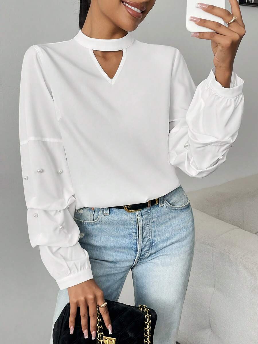 Chiquease Blusa holgada con decoración de cuentas y mangas abullonadas para mujeres