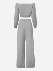 SHEIN Explorewe 2 件套青少年女孩休闲街头风露肩运动衫和运动裤套装 - 灰色 - 查看 2