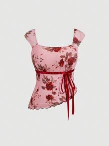 SHEIN MOD Plus Size Asymmetric Hem Contrast Color Ruffle Trim Bow Tie Decorated Women Tank Top - Pink - View 1