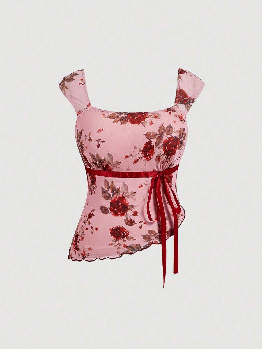 SHEIN MOD Plus Size Asymmetric Hem Contrast Color Ruffle Trim Bow Tie Decorated Women Tank Top - Pink - View 1