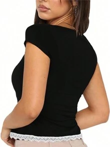 INAWLY Plus Size Women's Colorblock Lace Patchwork Short Sleeve Summer T-Shirt