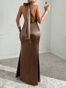 EURMUSE Vacation Sexy Backless High Slit Halter Dress - Bronze - View 5