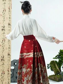 Autumn Hanfu Inspired Blouse With Embroidery Details And Mandarin Collar, Loose Fit (Skirt Not Included) - White - View 2