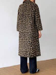 SHEIN Unity Women's Autumn/Winter Leopard Print Lapel Collar Long Sleeve Pocket Long Fashionable Coat