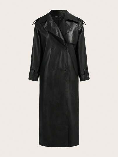 SHEIN X Belinda SHEIN Essnce Women's Black PU Leather Long Trench Coat, Winter Women Clothes,Winter Women Coat,Winter Outfits,Christmas Women Clothes,Thanksgiving Women Outfit