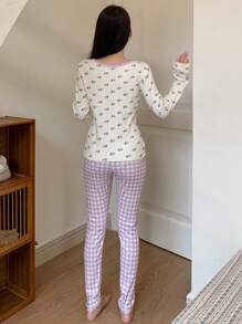 DAZY Cute Contrast Color Plaid Printed Fleece Pajamas Set - Purple - View 2