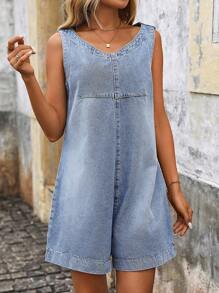 SHEIN LUNE Women's Solid Color V-Neck Sleeveless Denim Jumpsuit, Summer - Blue - View 4