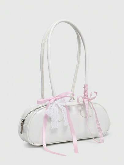 Kawaii Bolso de hombro de Boston con decoración de corazón de cereza, lazo a cuadros y estilo retro y lindo para mujer