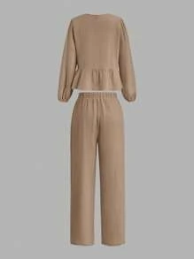 SHEIN Essnce Bộ trang phục giải trí 2 món cho nữ - Áo tay lỡ rút dây & Quần ống rộng cạp cao, Mùa xuân 2024 - Màu Khaki - Xem 2