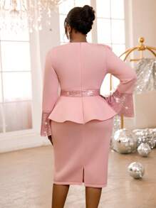 Plus Size Women's Ruffle Flare Sleeve Sequin Decor Round Neck Party Bodycon Dress, Long Sleeve Cocktail Semi-Formal Gown Suitable For Birthday, Graduation, Wedding, Homecoming And Other Occasions - Pink - View 2
