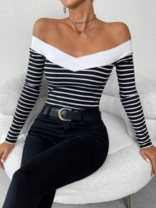 SHEIN Privé Women's Black And White Striped Strapless Long Sleeve T-Shirt Top,Sexy And Elegant Style,Off Shoulder Top,Off Shoulder Long Sleeve,Spring, Fall And Winter Tops,Suitable For Daily, Commuting, Holiday,Dating