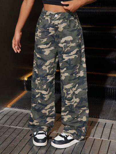 SHEIN Explorewe Tween Girl Y2K Casual Flap Pocket Camouflage Jeans Outfit, Roupas de volta às aulas