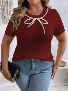 SHEIN LUNE Blusa de punto de manga corta con cuello redondo y decoración de cuentas redondas para mujer de talla grande