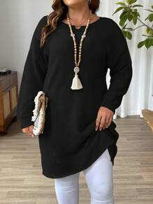 EMERY ROSE Vestido minimalista casual de manga larga y cuello redondo de unicolor para mujer de talla grande, para el invierno