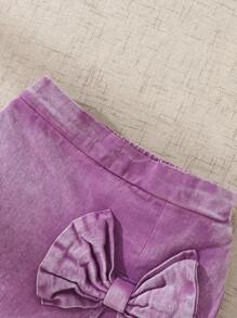 SHEIN 2pcs/Set Young Girl Cute Loose Fit Pink Bow Graphic T-Shirt & Magenta Bow Denim Skort Set, School, Campus, College Summer Holiday - Black - View 7