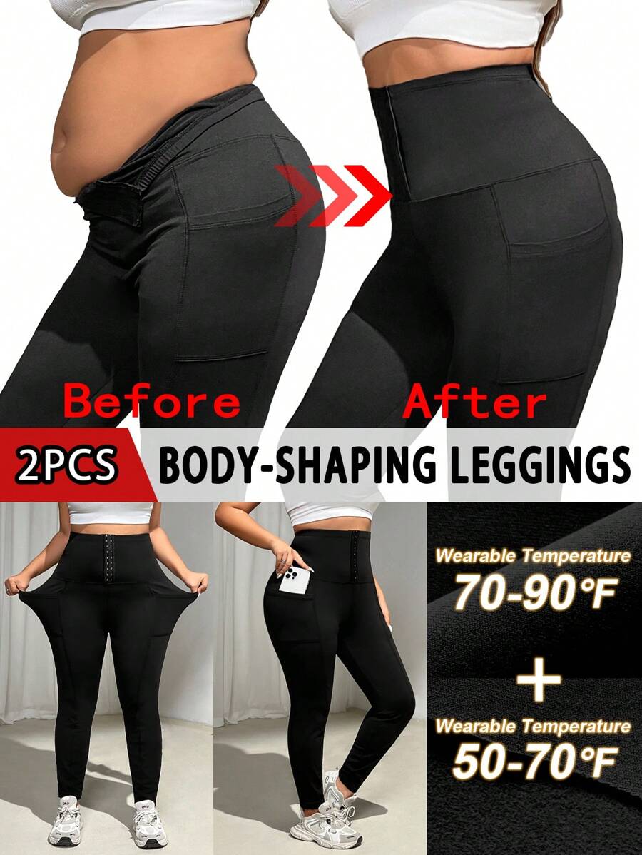 SHEIN EZwear Quần legging co giãn cạp cao cỡ lớn cho nữ, Quần mặc hàng ngày/ngoài trời/tập yoga, Màu đen, Nhiệt độ mặc được 50-70°&70-90°F, Co giãn, Cài nút, Quần legging định hình cơ thể, Bộ đồ hai mảnh cho nữ, Quần legging có túi - màu đen - Xem 1