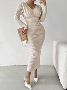 Chiquease Wide Ribbed Fuzzy V-Neck Smocked Dress