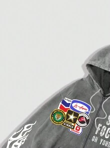 ROMWE MEN Street Life Letter & Flame Print Zip-Up Hooded Sweatshirt With Pockets