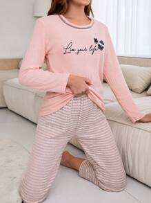 RueChic 100% Cotton 2Pcs  Injection Slogan Printed Detail Shirt And Striped  Long Bottom Lounge Set - Apricot - View 6