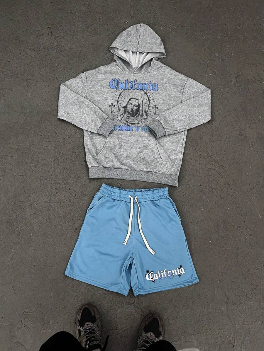 Manfinity Hypemode Men's Print Hooded Sweatshirt And Shorts Set - Grey - View 1
