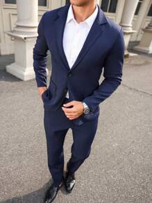 Manfinity Mode Men's Stand Collar Buttoned Front Long Sleeve Minimalist Blazer And Pants Set - Navy Blue - View 7