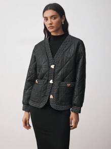 BizChic Abrigo acolchado sobretallado de pana negra, uso casual elegante para mujer, apropiado para vacaciones, Acción de Gracias, Año Nuevo - Negro - Ver 6