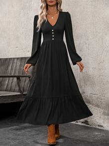 EMERY ROSE Đầm suông tay đèn lồng cổ chữ V màu trơn thanh lịch cho nữ, Xuân/Hè - màu đen - Xem 3