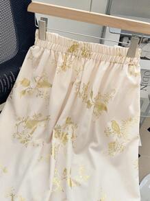 SHEIN Unity Plus Size Elegant Gold Foil Printed Pleated Skirt, Spring/Summer - Apricot - View 1