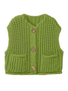 INAWLY Women's Solid Color Dual-Pocket Knit Vest, Casual For Spring/Autumn - Green - View 5