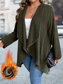 SHEIN LUNE Plus Size Women Solid Color Fluffy Asymmetric Hem Casual Open Front Jacket, Autumn/Winter - Dark Green - View 1
