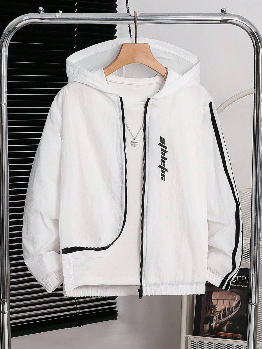 Tween Boys' Loose Casual Web Pattern Hooded Windbreaker - White - View 1