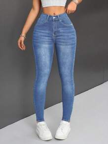 SHEIN PETITE Front Button Closure Multi Pocket Casual Denim Jeans - Medium Wash - View 6