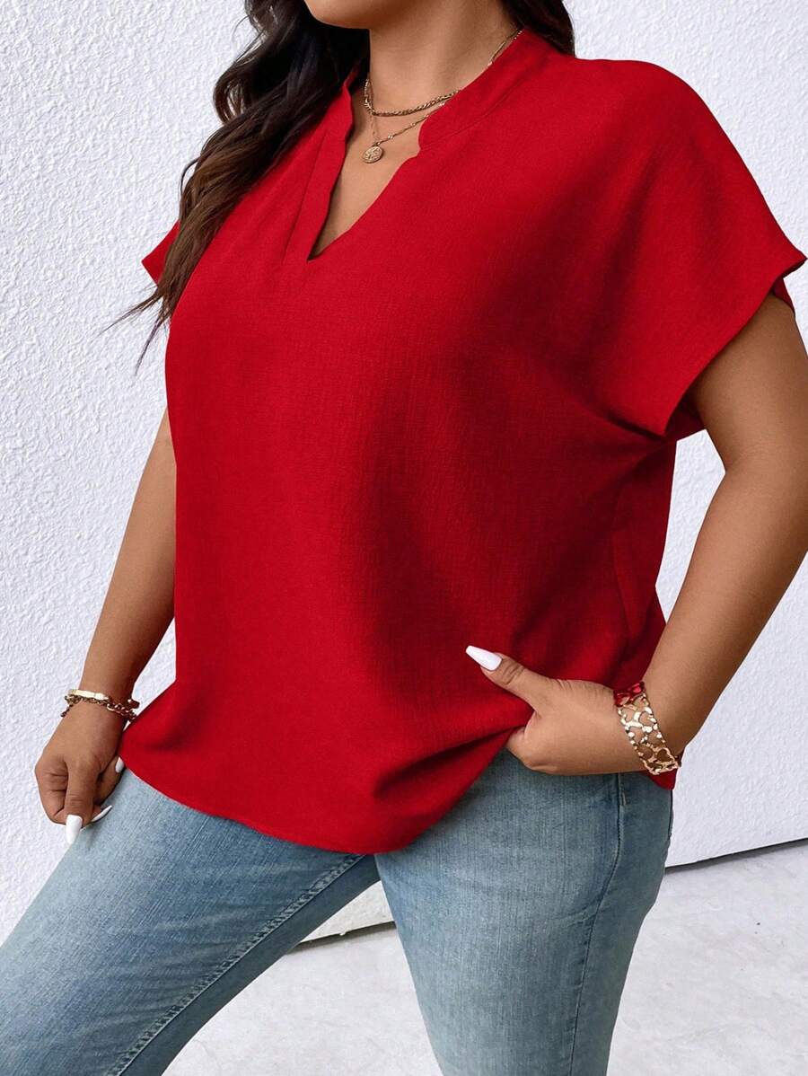 SHEIN CURVE+ Plus Size Women's Solid Color Minimalist Casual Short Sleeve Shirt For New Year Clothes - Red - View 1
