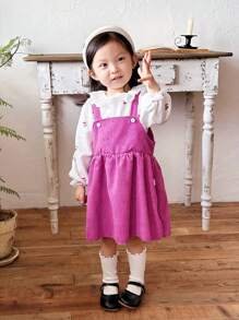 Baby Girls' Lace Hollow Flower Trim Shirt And Corduroy Dungaree Dress Set, Autumn/Winter - Multicolor - View 4