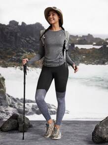 In My Nature Women's Plain Color Patchwork Pocket Outdoor Sports Leggings - Black - View 2