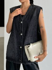 Dazy Star 女士休闲宽松牛仔背心，单排扣设计，春秋 - 灰色 - 查看 7