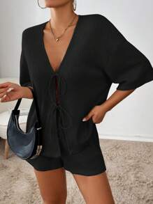 SHEIN Essnce Top con nudo delantero de hombros caídos y shorts, ropa de mujer de otoño, conjuntos de shorts de otoño - Negro - Ver 3