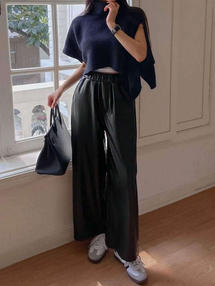 Women's Casual Solid Color Wide Leg Leather Pants Fall,Winter