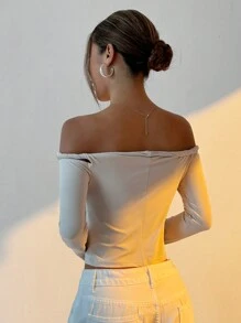 SHEIN EZwear بلوزة بياقة على الكتف، كم طويل، ملفوفة، مضبوطة، أنيقة، أنيقة وحلوة للنساء - أبيض - مشاهدة 2