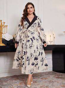 Modelyn Abito lungo con colletto scialle a maniche lunghe e colorblock, taglia grande, elegante abito da sera a-line per feste ed eventi - Albicocca - Visualizzare 3