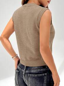 SHEIN EZwear Áo thun không tay cài nút phía trước đơn giản, mặc thường ngày - Cà phê nâu - Xem 2
