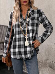 EMERY ROSE Camicia casual a quadri con scollo a V e maniche lunghe per donne, primavera estate - Bianco e nero - Visualizzare 1