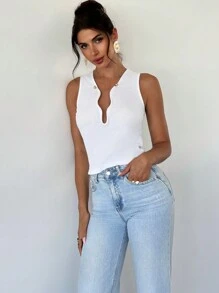 SHEIN Privé 女士深 V 领修身优雅通勤简约吊带背心 - 白色 - 查看 4