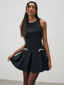 Aloruh Women Solid Color Bow Decor Pleated Mini Dress For Work