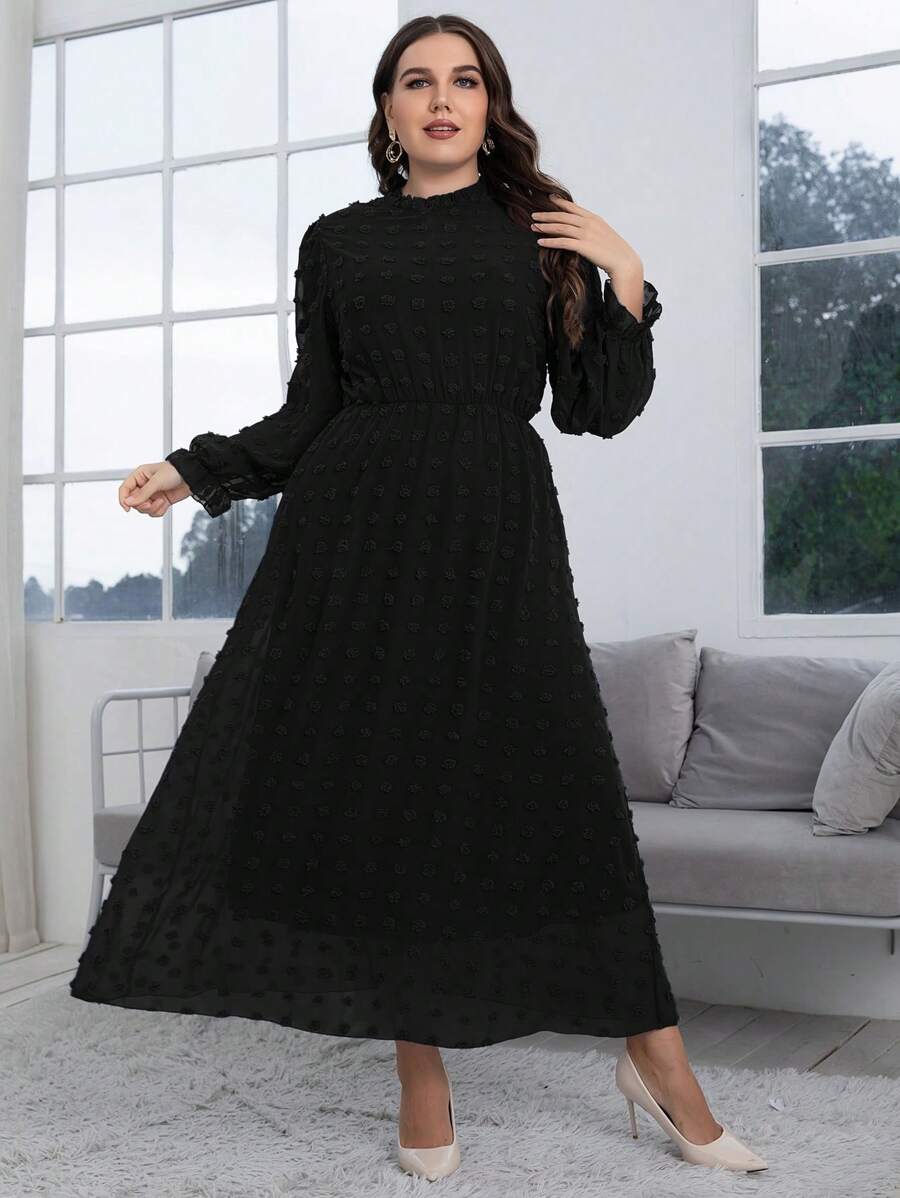 Modelyn Đầm Plus Size Nút viền lá sen màu trơn Thanh lịch - màu đen - Xem 1
